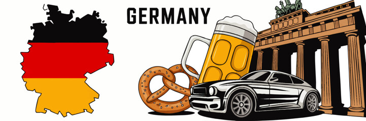 Obraz premium Germany travel illustration with flag map, Brandenburg Gate, beer, pretzel and sports car icons for tourism and Oktoberfest design