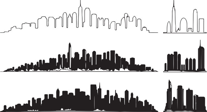 Black and White Skyline Silhouette Minimalist Cityscape Vector Graphics for Modern Design Projects