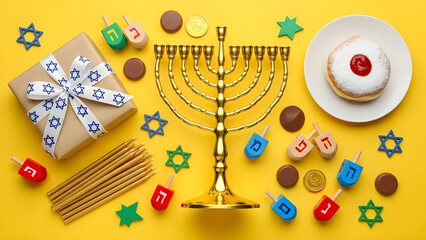 Obraz premium Overhead view of hanukkah celebration items including a golden menorah, dreidels, sufganiyah, gelt, and gift on a bright yellow background