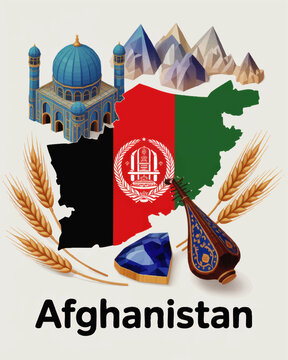Afghanistan culture illustration with flag map mosque mountains wheat gemstone and traditional music instrument