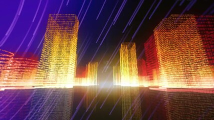 Central glow growing sparking skyline moving, purple streaks sweeping, reflections showcasing depth