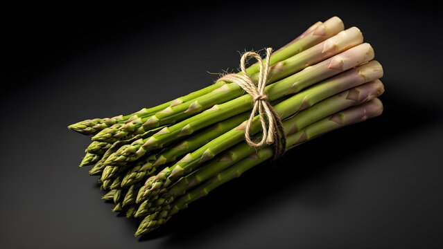 A fresh bundle of green asparagus spears tied with natural twine resting on a dark, moody background, highlighting healthy eating and spring harvest
