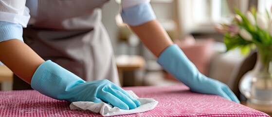 Cleaning a table with a cloth in a bright living room, showcasing attention to detail and a tidy atmosphere