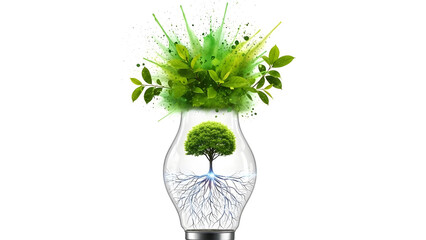 環境技術と持続可能なアイデア 電球の中で成長する樹木と脳の根のエコロジーアート