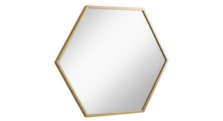 Hexagonal mirror with gold frame isolated on transparent background