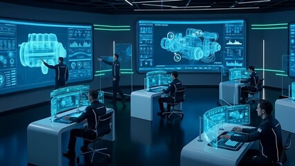 Engineers working in a futuristic control room with holographic displays. - Powered by Adobe