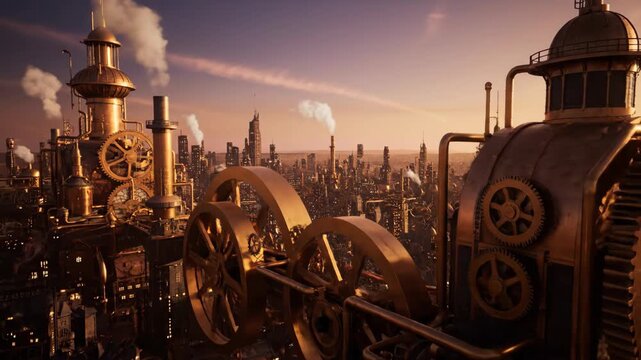 Steampunk cityscape with gears, pipes, and industrial structures.