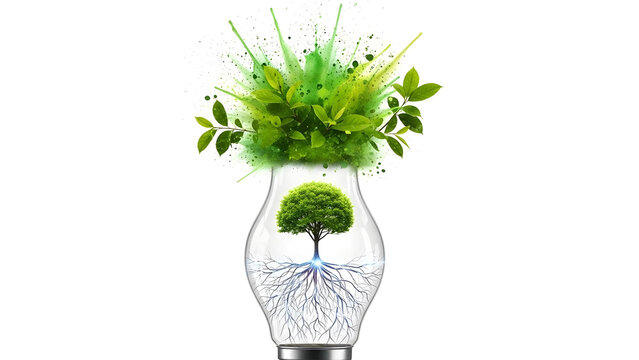 環境技術と持続可能なアイデア 電球の中で成長する樹木と脳の根のエコロジーアート - Powered by Adobe