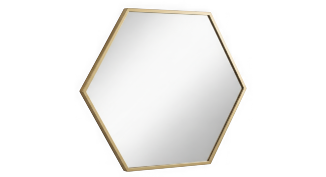 Hexagonal mirror with gold frame isolated on transparent background
