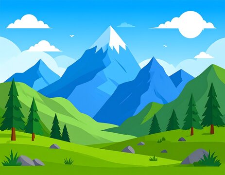 Cartoon landscape showing blue mountains, green hills, trees, rocks, under a bright blue sky with fluffy white clouds