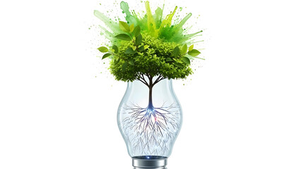 環境技術と持続可能なアイデア 電球の中で成長する樹木と脳の根のエコロジーアート