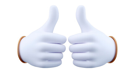 3D cartoon hand gesture with two thumbs up, white glove, positive approval, encouragement, and cheerful support, isolated on transparent background