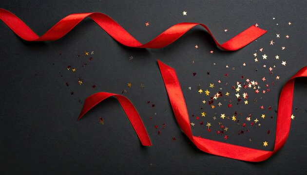 Red Ribbon and Star Confetti Scattered on Dark Textured Background.