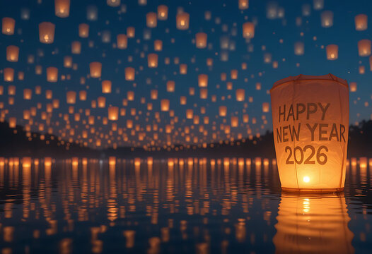 Hundreds of glowing sky lanterns float over a peaceful lake reflecting the message "Happy New Year 2026."