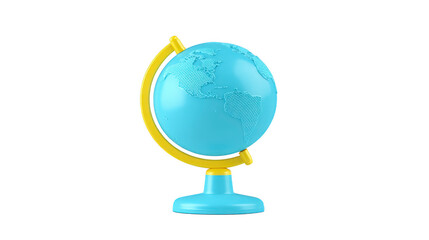 Blue globe with yellow stand, showing North and South America, isolated on transparency background, educational and playful, suitable for classroom or study room decor
