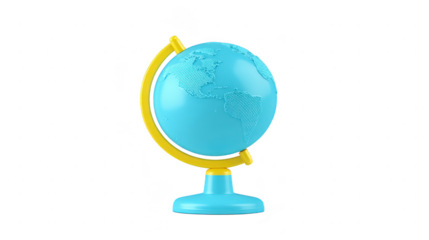 Blue globe with yellow stand, showing North and South America, isolated on transparency background, educational and playful, suitable for classroom or study room decor