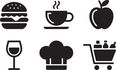 Collection of popular restaurant cafe and grocery store icons featuring food drink shopping and cooking symbols