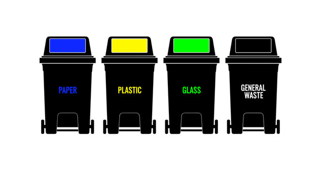 Colored trash bins for waste sorting on transparent background