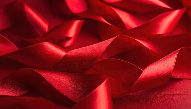 Abstract flowing red satin ribbon texture background with elegant folds and highlights.