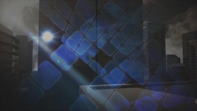 Bright flare pulsing triggers blue tile grid expanding sliding diagonal rotating revealing skyline