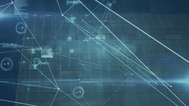 Upper-left marker glowing readout, network lines linking and pulsing, shifting to show data on grid - Powered by Adobe