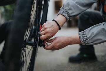 Close-up of hands working on a bicycle wheel, tightening the hub during a roadside repair. Focused, practical scene that highlights manual skill and everyday bike maintenance outdoors.