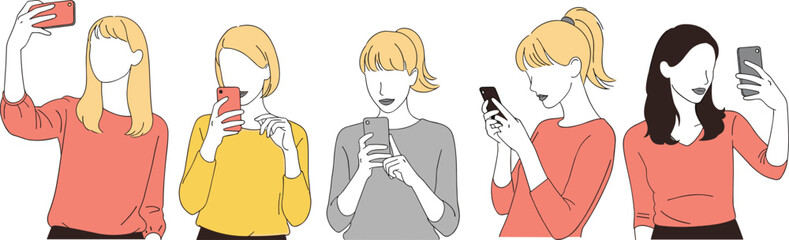 Women taking selfies and using smartphones, modern female characters holding mobile phones in various poses, digital lifestyle illustration set