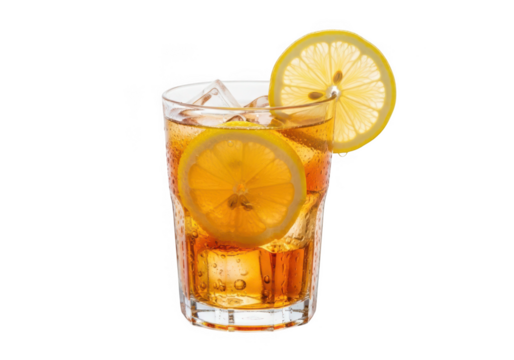 Refreshing iced tea with lemon slices and ice cubes in a tall glass isolated on transparent background