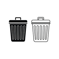 Two stylized trash cans, one solid black icon and one outline icon, representing waste disposal and recycling concepts.