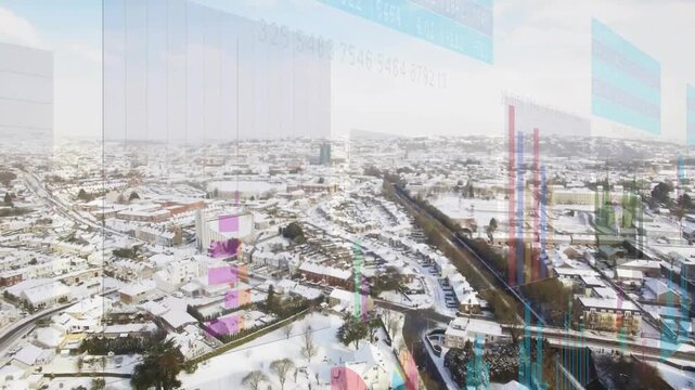 Data update arriving, animated charts overlaying snow town, panning right, revealing railway trends