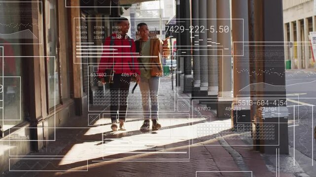 Two men walking forward under colonnade, causing HUD overlays sliding in and layering for tech demo