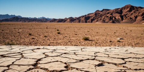 Cracked dry earth in the foreground with a vast arid desert landscape and rugged mountains under a clear blue sky