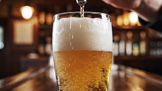 Refreshing Beer Pouring into a Glass at a Bar CloseUp of Golden Liquid and Frothy Head Capturing the Essence of Social Gathering and Relaxation in a Pub Setting.