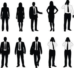 Business people silhouettes in professional poses wearing formal office attire, standing, walking, talking and working, corporate staff vector illustration