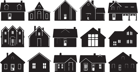 Assortment of black silhouette illustrations showcasing diverse residential housing and architectural styles for various design projects