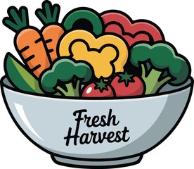 Fresh harvest vector illustration of vibrant vegetables including carrots broccoli bell peppers and tomatoes in a white bowl