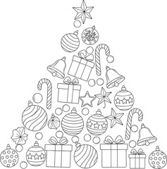 Christmas tree ornament outline illustration with gifts, candy canes, stars and baubles arranged in festive holiday shape for coloring and decoration projects