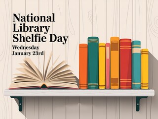 Celebrate national library shelfie day with an open book and colorful books on a shelf
