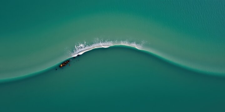 Aerial drone view of a turquoise ocean wave breaking with white foam and a dark shape below