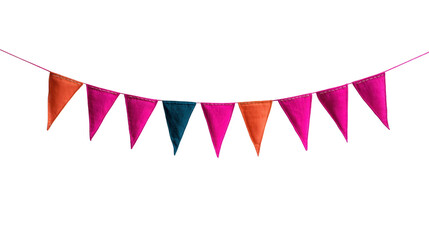 Fototapeta premium Colorful fabric pennant banner with orange, pink, and blue triangular flags, perfect for festive party decoration, celebration, or event backdrop, creating cheerful atmosphere