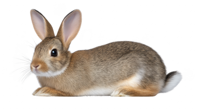 Rabbit animal mammal fur brown cute pet wildlife nature sitting isolated transparency background ears whiskers small domestic adorable fluffy spring rodent calm soft young bunny side view alert - Powered by Adobe