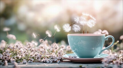 A blue teacup with dandelion seeds floating above it, surrounded by flowers, with soft, natural lighting.