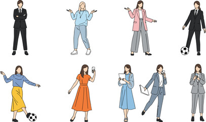 Naklejka premium Collection of diverse women in various outfits and poses, business and casual female characters performing modern activities in flat minimal illustration style