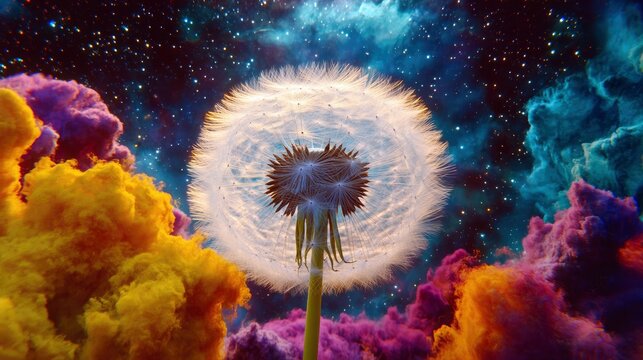 A close-up of a dandelion seed head against a backdrop of colorful, swirling nebula and stars. The image evokes a sense of fantasy and wonder.
