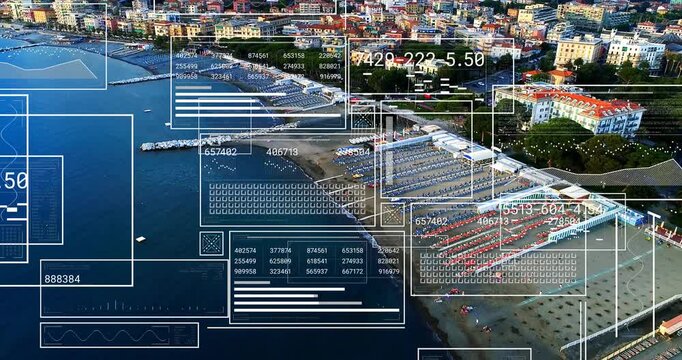 Second frame overlays appearing over beach, scaling, highlighting chairs and piers, showing layout