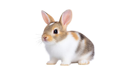 Obraz premium Cute baby rabbit with brown, white, and gray fur sitting on transparency background, looking curious and alert, perfect for spring or Easter themes and animal lovers