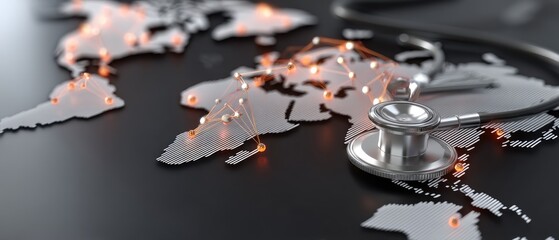 Connecting healthcare globally with stethoscope on digital world map and illuminated connections representing medical networks