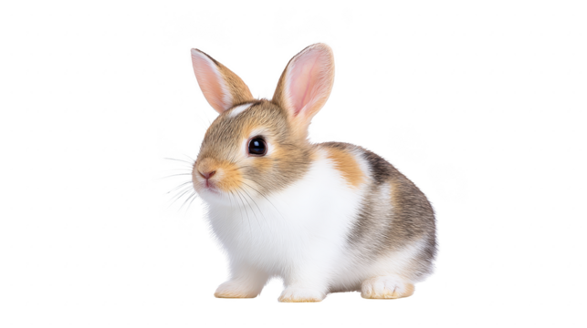 Cute baby rabbit with brown, white, and gray fur sitting on transparency background, looking curious and alert, perfect for spring or Easter themes and animal lovers