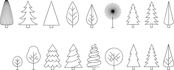 Collection of simple tree icons, minimal forest illustration set with various foliage shapes, line art trees for nature design, eco projects