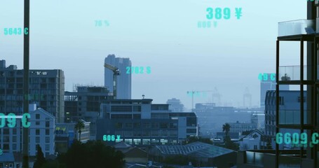 On activation, turquoise numbers and ¥$£C floating, pulsing over hazy skyline to display live data - Powered by Adobe